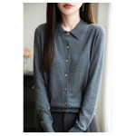 Prantsuse POLO kraega kootud kardigan Feminine pikak&auml;eline rev&auml;&auml;riga s&auml;rk Mitmek&uuml;lgne aluskiht pealmine osa S hall v&auml;rv