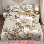 2/3 tk Elegantne Kuldne Teemantliblikas Lilleline Tr&uuml;kiga Tekikott Komplekt (1 tekikott + 1/ 2 padjap&uuml;&uuml;ri, ilma t&auml;idiseta), 3D Luksus Duvet Cover Set&EU Single(135x200cm)