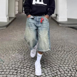 Meeste avarad teksap&uuml;ksid Retro laia s&auml;&auml;rega puusepa keskmise pikkusega teksad T&otilde;mblukuga Hip Hop Jorts taskutega Vabaaja t&auml;navariided XS sinine