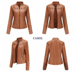 Naiste paks soe lukuga PU kapuutsiga mantel L&uuml;hike nahkjakk Biker-mantel Naiste nahktagi Naiste temperament p&uuml;stkrae PU-nahast 2XL kaamel