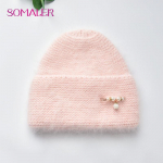 SOMALER Winter Angora Blend kootud m&uuml;tsid naistele laia mansetiga m&uuml;ts koos kaunistusega moodne soe suusam&uuml;ts Skull Cap heleroosa v&auml;rv