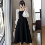 Suvised naiste kleidid pikkade varrukatega elegantne kandiline krae Pehme vintage A-kujuline must prantsuse stiilis kleit Lolita Harajuku r&uuml;&uuml; S must