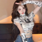 Ajalehetr&uuml;kiga &otilde;huke naiste T-s&auml;rk Vintage Club Bandage Expose Navel Korea versioon Crop Tops Naistele