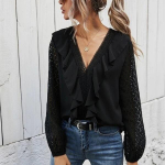 Naiste mood V-kaelusega &otilde;&otilde;nsa pitsiga pikkade varrukatega naister&otilde;ivad T-s&auml;rgid ja pikkade varrukatega topid S must