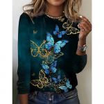 Naiste puuvillased T-s&auml;rgid Moodne 3D liblikaprinteriga t-s&auml;rk naistele vabaaja t&auml;navar&otilde;ivad, pikkade varrukatega topid Naiste riided T-s&auml;rgid Uus L