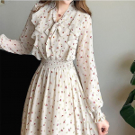 Kevadsuvi mood Vestidos Naistele Vintage Print lilleline elastne v&ouml;&ouml;koht A-line vaba V-kaelusega &scaron;ifoonkleit Naiste vabaajakleidid XXL beež