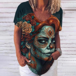 Suvi 2023 uus 3D Horror Skull Print naiste V-kaelusega l&uuml;hikeste varrukatega T-s&auml;rk vabaaja naljakas Harajuku Y2K r&otilde;ivad Surnute p&auml;ev 5XL