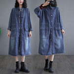 DIMANAF Plus Size 2024 kevad naiste teksamantel, puuvillane vabaaja vintage pikk jakk, lahtised suured taskud XL sinine