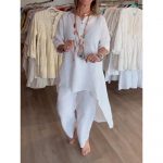 2024 Summer New Product Solid Color Ethnic Style Loose Casual Long-sleeved Robe Cotton and Linen Suit Large size Women's Long Sleeve XS valge