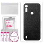 apgo kaitsev nahakleebis seljale, mis &uuml;hildub Motorola Moto E6i-ga, &uuml;mbriskile, foolium, vin&uuml;&uuml;l &ndash; mustriga k&auml;rgstruktuuriga muster