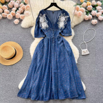 Moodne Suvine Lilleprindiga Pehme &Otilde;huke Denim Midi Kleit Vintage Naiste V-kaelus Tikandiga Lilleline K&otilde;rge V&ouml;&ouml;koht Cowboy Kontorikleidid M sinine