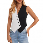 Must valge Colorblock kost&uuml;&uuml;m V-kaelusega vabaaja vest, l&uuml;hike topp igap&auml;evaseks kandmiseks. M must valge v&auml;rv