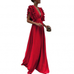 Naiste &otilde;htukleit madala l&otilde;ikega V-kaelusega lendavad varrukad kihiline volangidega plisseeritud k&otilde;rge v&ouml;&ouml;koht &uuml;hev&auml;rviline p&otilde;randapikkus 3XL punane