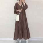 Vintage Ruffle Kleit Naiste Kevadine P&auml;evakleit Vabaaja Puhvis Varrukaga Maxi Vestidos Naiste V-kaelusega Kleit Elegantne Pikk Kleit XS pruun