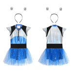 2tk Lastele T&uuml;drukutele Halloweeni Alien Cosplay kost&uuml;&uuml;m L&uuml;hikeste varrukatega Patchwork L&auml;ikiv Spangles Kleit Body koos tulnuka juukser&otilde;ngaga peoetenduseks 5-6 Years sinine