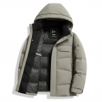 Talvine paksendatud sulejope meestele Piim-siidist valge pardisulest k&uuml;lmakindel vabaaja kapuutsiga sulejope meestele M