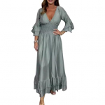 Naiste &otilde;htukleit V kaelusega &otilde;huke v&ouml;&ouml;koht, volangidega mansetid, satiinist plisseeritud kihiline &auml;&auml;ris A-line maksikleit pikkade varrukatega pulmapeokleit XL roheline