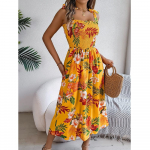 Naiste suvekleidid Spagetid Rihmad Side Lilleprintimine Rannapikk Kleit Naiste vabaaja elastne v&ouml;&ouml;koht Maxi kleidid S sinine