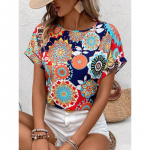 Elegant and fashionable versatile round neck printed short sleeved shirt for European and American women L