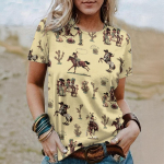 Summer Women T-Shirts Short Sleeved West Cowboy Horse Print Tops 2024 Fashion Blouse For Women Oversized Vintage Female Clothing S