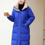 Naiste keskmise pikkusega talvine paksendatud sulemantel p&otilde;lve kohal, massiivne naiste mantel XL sinine