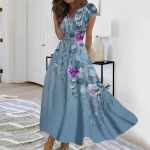 Naiste pikk kleit Maxi kleit vabaaja kleit Sifonki kleidid Swing kleit &uuml;hev&auml;rviline vabaaja t&auml;iskasvanud &otilde;ues igap&auml;evane kohting Voldis l&uuml;hikeste varrukatega V-kaelusega kleit XL taevasinine v&auml;rv