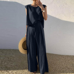 Moodne naiste vabaaja varrukateta pullover, puuvillane linane laia s&auml;&auml;rega p&uuml;ksid, &uuml;hev&auml;rviline &uuml;likond XL tumesinine v&auml;rv