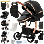Poussette 3 en 1 B&eacute;b&eacute; Combin&eacute;e Si&egrave;ge-Auto Nacelle Trio R&eacute;versible cuir pu Roues increvables Canne.NOIR must