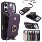 Ristkeha 2-&uuml;hes Magnetiline T&otilde;mblukk Kaardi Pesad Nahast Rahakott &Uuml;mbris iPhone 17 Pro Max 16 Plus 15 14 13 12 11 jaoks Pikk Paelaga Kate iPhone 13 Pro lilla
