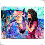 Teemantmaal T&auml;is&uuml;mmargune teemanttikandid akvarell Hobuse ja naise kivikivist kodukaunistus 20X30CM