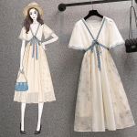 Rasedate Kleit Suures Suuruses Naiste pitsist V-kaelusega kleidid Naistele Suvine uus l&uuml;hikeste varrukatega &scaron;ifoon Magus &otilde;huke korea kleit Mood Lilleprint Vestido M valge