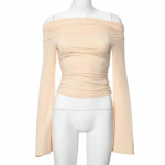 Casual Slim Fit kaldkaelusega T-s&auml;rk naiste lainetavate varrukatega, soliidne seksikas k&auml;rbitud tops Naiste t-s&auml;rk Elegantne lapiline plisseeritud T-s&auml;rk 30616 S aprikoosi