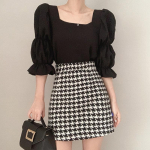 Retro Puff Sleeve Square kaelusega l&uuml;hikeste varrukatega T-s&auml;rk Naiste suvekleit Uus v&auml;ikese disainiga s&auml;rk S must