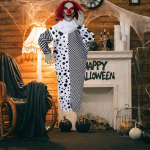 Halloween Clown Ornament Sound Activated Decorative Waving Figurine Light up Red Eyes for