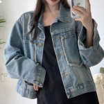 IHUASU Naiste teksajakk S&uuml;gisene ja talvine vintage vabaaja l&uuml;hikeste toores servadega jakk S sinine