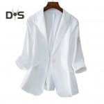 Naiste &uuml;likonna mantel bleiser &uuml;hev&auml;rviline sirge kortsudevastase rev&auml;&auml;riga s&auml;lguga krae &uuml;he nupuga kardigan kolme neljandiku varrukatega OL stiil, ametlik &auml;ri M valge