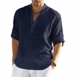 Vintage puuvillane linane s&auml;rk Meeste mugavad kerged hingavad vabaaja T-s&auml;rgid Kokkupandavad pikkade varrukatega disainn&ouml;&ouml;biga Henley s&auml;rgid Boho stiilis lahtised topid L