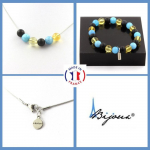 Pierres et Min&eacute;raux. Parure Bracelet Collier Perles Citrine + Calc&eacute;doine bleu + Onyx noir Taille personnalisable.