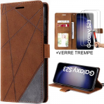 Coque pour samsung galaxy s23 effet cuir motif rayures marron + 2 verres tremp&eacute;s