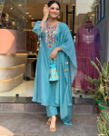 India naiste disainer Kurta Pant Dupatta komplekt Bollywoodi top-tuunika Kurti Salwari &uuml;likonnakleit S sinine