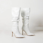 Uued Must Pruun Plisseeritud Laisk Pikk Saapad Euroopa Ameerika Stiil 10cm K&otilde;rge Kontsaga Terava Ninaga S&uuml;gis Talv Naiste P&otilde;lvini Saapad 43 39 valge