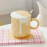 1 tk 400ML k&uuml;psisemustriga kohvikruus kaane ja lusikaga keraamilised kohvitassid armas kawaii veetass suvine talvine joogin&otilde;u kingitused 301-400ml kollane