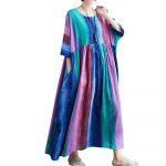 Naiste puuvillane linane kleit Lilleprinteriga taskud s&auml;&auml;re keskel, avara O-kaelusega l&uuml;hikeste varrukatega, vabaaja suurem one size mitmev&auml;rviline