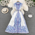 RUGOD 2022 Retro Paleis Godin Fan Mingyuan Temperament Enkele Breasted Revers Print Jurk Elegantne A-lijn Grote Swing Jurk XL valge