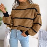 Naiste kootud džemprid vabaaja poolkaelusega latern, pikkade varrukatega triibud, kootud pullover kampsun, kootud pullover, topsid, kudumid S khaki