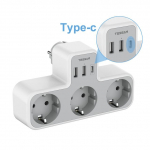 TESSAN EU seinakontakti pikendusadapter, millel on 3 vahelduvvoolu pistikupesa, 2 USB-porti ja 1 C-t&uuml;&uuml;pi, 6-&uuml;hes mitme pistikuga toitejuhe kodu jaoks 3 Outlets&2USB-A&1USB-C