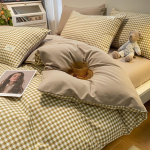 P&otilde;hjala stiilis Jaapani stiilis tr&uuml;kita ruuduline neljaosaline voodilina ja tekikott pestud puuvillast harjatud kolmeosaline komplekt 1.80m fitted sheet 4pcs