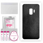 apgo kaitsev nahakleebis seljale, mis &uuml;hildub Samsung Galaxy S9-ga, kile, foolium, vin&uuml;&uuml;l &ndash; mustriga must nahk