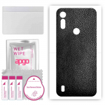 apgo Protective Skin Sticker for the back compatible with Motorola Moto E6i, Wrap Film, Foil, Vinyl - Pattern Black Leather