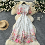 Prantsuse &scaron;ikk elegantne pikk kleit naistele heegeldatud avatud pitsiline lilleline naiste kleidid O-kaelusega l&uuml;hikeste varrukatega Vestidos Dropshipping XL valge